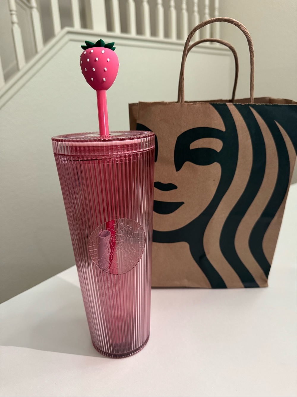 Pink Starbucks Tumbler with Strawberry Straw